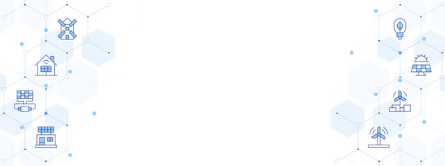 Renewable energy Banner Vector Illustration with Two-sided Icon Style. Line Duotone icon. Containing. windmill, solar panel, wind power, solar energy, energy saving