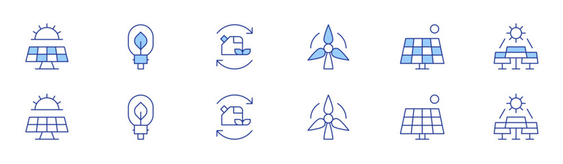 Renewable energy icon set in two styles, Duotone and Thin Line style. Editable stroke. solar energy, wind energy, energy saving, solar panel, renewable energy