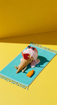 Melting Ice Cream Cone Sunbathing with Book and Sunscreen