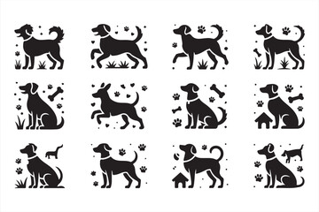 Fun Dog Silhouettes in Action with Bones, Paw Prints, and Playful Designs for Pet Services