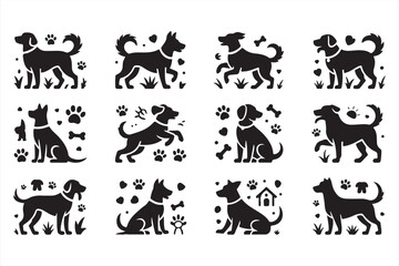 Silhouetted Dog Icons with Dynamic Poses, Bones, and Paw Prints for Pet Businesses