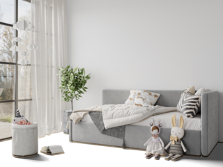 Modern kids bedroom with gray sofa bed and plush toys — floor cutout PNG mockup