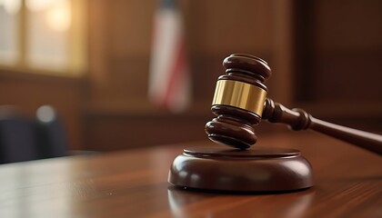 Gavel on Wooden Table in Courtroom