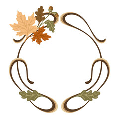 Autumn Art Nouveau Frame. Seasonal Vintage frame with fall leaves and acorns. Vector.