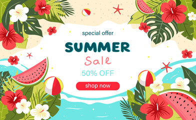 Vector illustration of a vibrant summer sale banner featuring tropical leaves, flowers, watermelon slices, beach balls,call to action for a special 50% discount. Perfect for promoting seasonal sales