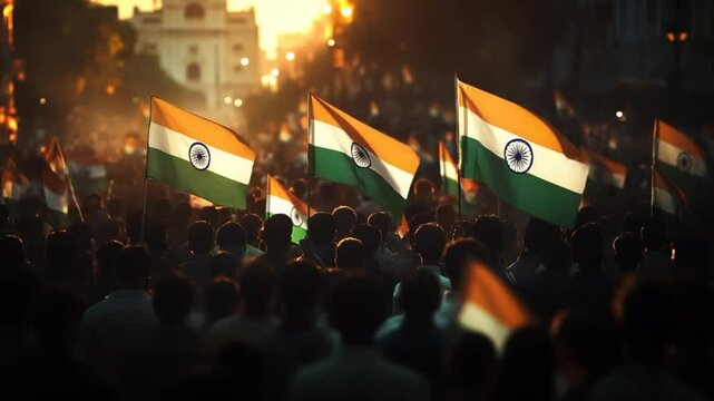 Celebrating India's Independence: A Crowd Waves National Flags in Joyful Unity