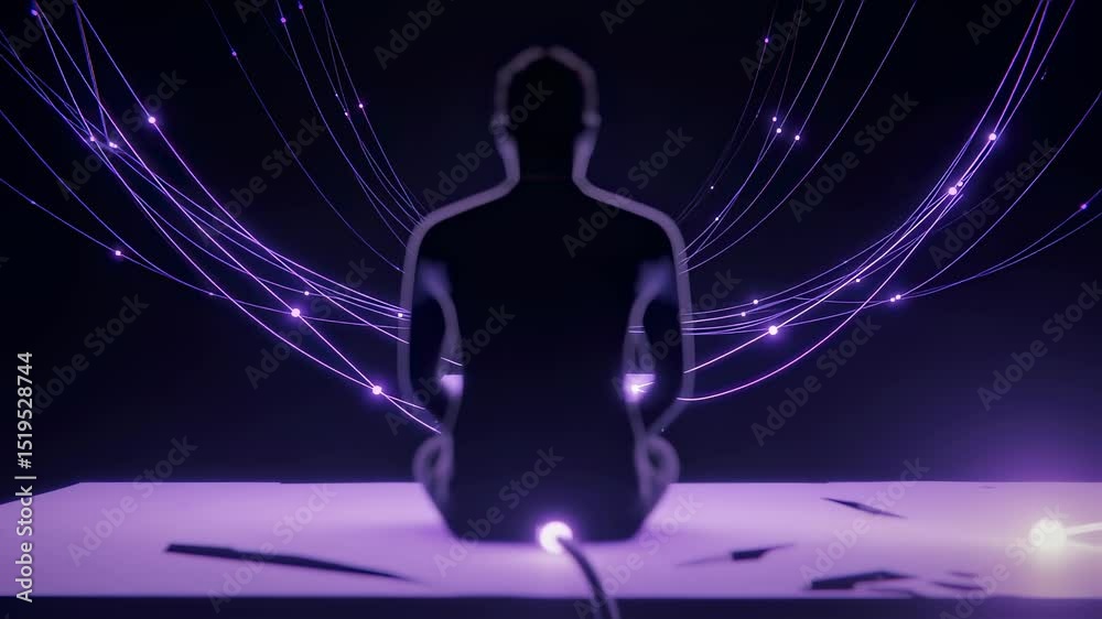 Poster man figure connected by glowing purple lines in a digital world. data flow and network concept for v