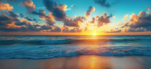 Stunning sunset over tranquil ocean waves with colorful clouds and golden reflections