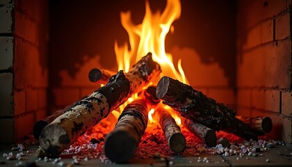 Fireplace with Burning Wood Logs