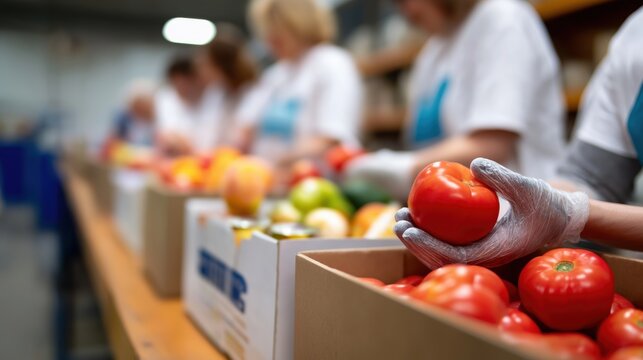 Vibrant photography of team working at food bank, sorting fresh tomatoes and other produce. atmosphere is collaborative and focused, showcasing community effort and generosity