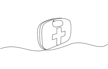 Obraz premium Continuous one line drawing of first aid kit box. First aid kit medical bag. Medical bag in single line draw illustration. Editable stroke.