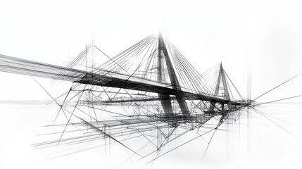 Abstract representation of a modern suspension bridge with intricate lines and angles during daytime