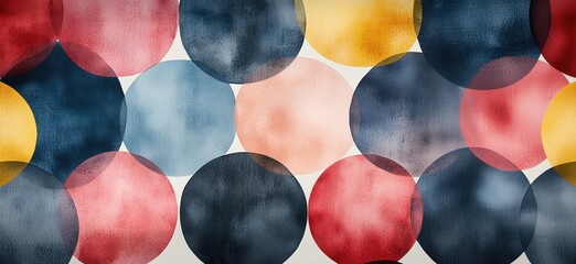 Colorful abstract circles pattern with watercolor texture in red, blue, yellow, and pink