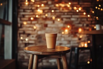 A terracotta-colored cup sits on a wooden stool in a cozy cafe.