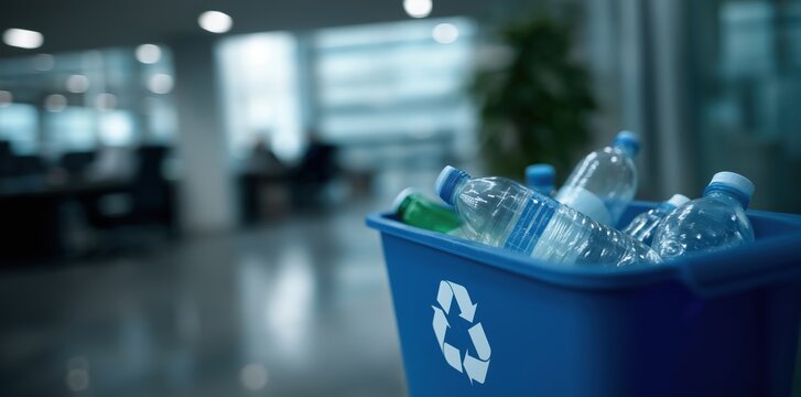 Recycling bin filled with plastic bottles in office environment, promoting sustainability and eco friendliness. scene conveys commitment to reducing waste and protecting environment