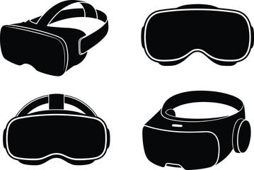 Four black and white vr headset illustrations in different angles on a white background display stock