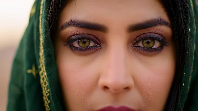 Close Up Emerald Green Eyed Woman in Green Hijab with Soft Makeup and Dark Red Lipstick