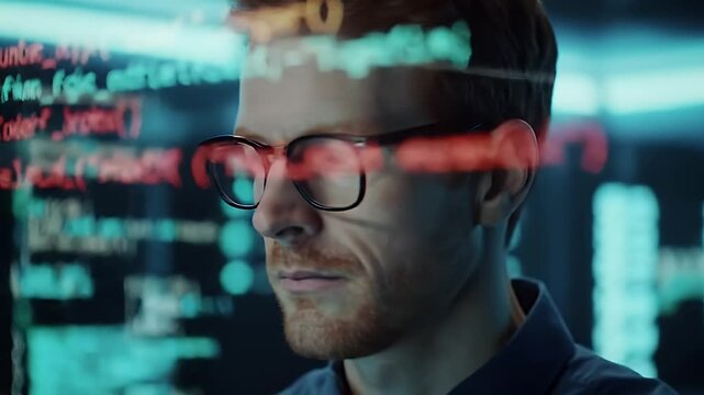 Close up of a Red Haired Man Wearing Glasses Coding Against a Softly Lit Background