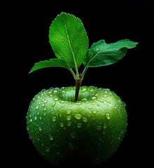 Fresh green apple with water droplets and leaves on black background