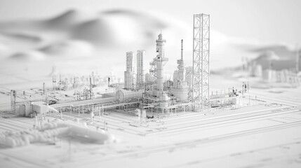 Fototapeta premium Industrial facility model showcasing structures and equipment for energy production in a minimalist landscape