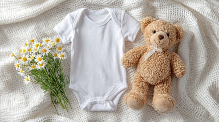 Flat lay of baby bodysuit with chamomile flowers and teddy bear on soft white knitted blanket background