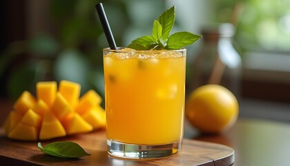 Mango Drink with Mint on Wooden Board