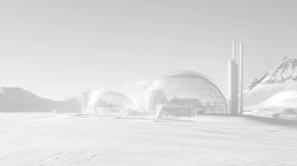 Innovative architectural design of futuristic domes in a snowy mountain landscape under bright daylight
