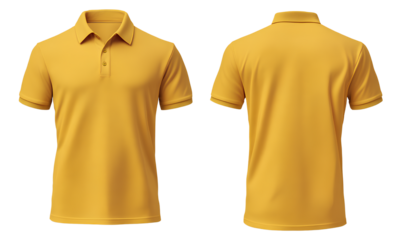 Yellow polo shirt template, front and back view, isolated on a transparent background.