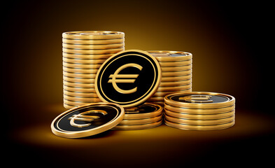 Stack Of Golden And Black European Euro Coins Set On Shiny Golden Glow Background 3d Illustration