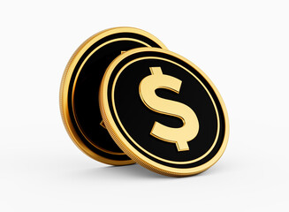 Shiny Golden And Black Two Rounded United States Dollar USD Coins, White Background 3d Illustration
