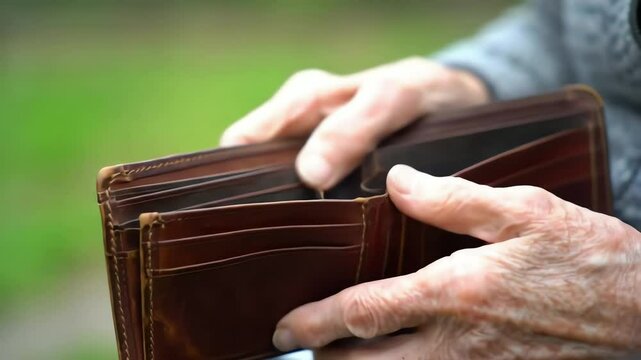 Elderly person holding an empty wallet with a blurred green background  