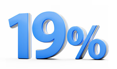 Vibrant Blue 19% Nineteen Percent Sign With Metallic Gleam On White Background 3D Illustration