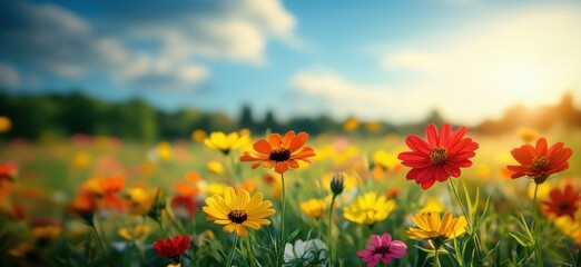 Vibrant wildflower field with colorful blooms under sunny sky