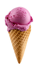 Delicious pink ice cream melting in a crispy waffle cone on transparent background