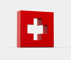 3D Red first aid icon with a white cross, symbolizing medical help and healthcare. 3d illustration