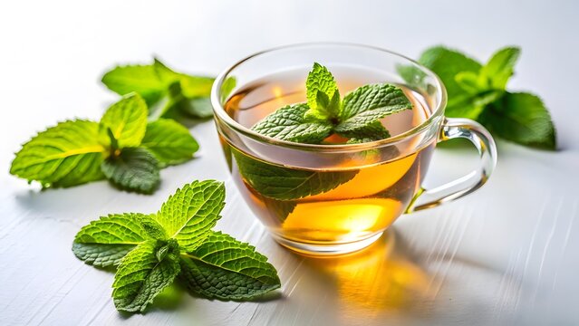 Refreshing mint tea in glass cup on white