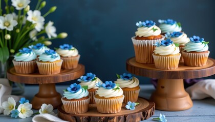 blue and white floral cupcakes on wooden stands dessert display food styling branding concept for bakery e commerce and celebration visuals