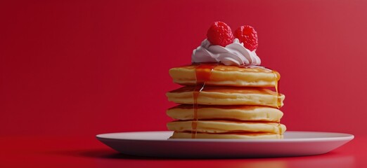 Delicious stack of fluffy pancakes topped with raspberries and whipped cream