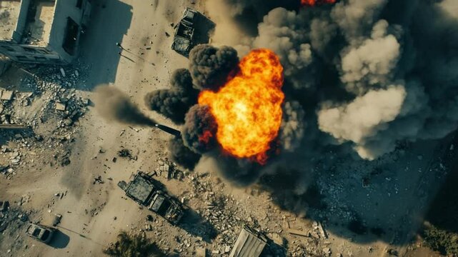 Aerial view of urban warfare scene featuring vehicle explosions and billowing smoke