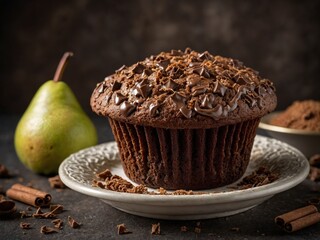 Large chocolate muffin with generous topping of chocolate shavings sits on ornate white plate, accompanied by whole pear, cinnamon sticks to side, against dark backdrop. Muffins texture appears moist.
