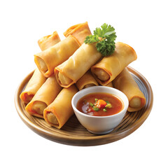 Spring Rolls: Golden crispy mini spring rolls served with dipping sauce, PNG