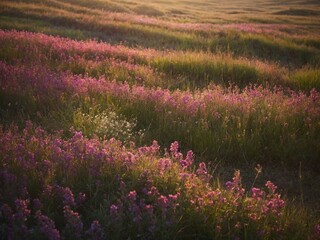 Serene landscape of rolling hills covered in purple wildflowers bathed in warm, golden light of either sunrise, sunset. Undulating terrain creates textured appearance.