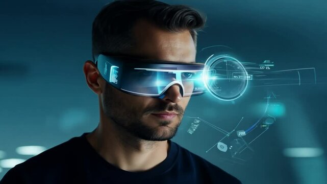 Man wearing vr headset holographic display