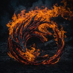 Wooden structure engulfed in flames, forming spiral shape reminiscent of fiery vortex. Intense blaze emits warm glow, highlighting intricate patterns of wood.
