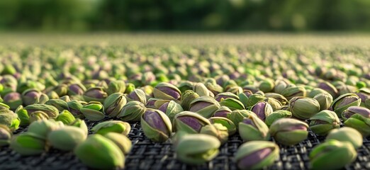 Fototapeta premium Pistachio nuts drying in the sun on a farm with blurred green background