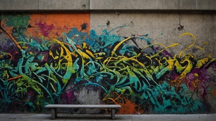 Vibrant graffiti piece covers concrete wall, featuring explosion of colors, abstract shapes that intertwine, overlap. Artwork complex layering of turquoise, yellow, purple.