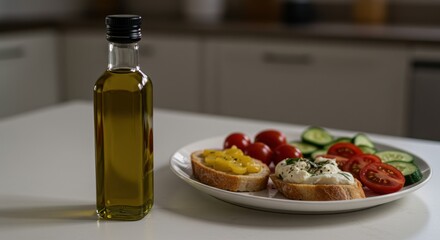 Fresh Olive Oil Bottle with Bruschetta and Colorful Vegetables on a White Plate in a Modern Kitchen Setting