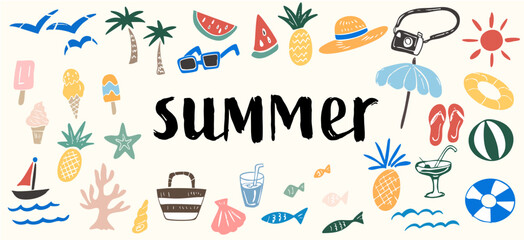 手書きのかわいい夏素材のイラストセット　ベクターカラー