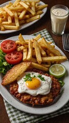 Plate of food presented on wooden table, featuring corned beef hash topped with fried egg, dollop of white sauce. Accompanying main dish sides of golden french fries, fresh tomato slices, lettuce.