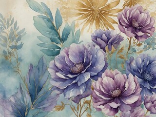 Watercolor painting of floral arrangement, showcasing variety of flowers, leaves with focus on large purple blooms in foreground. Background features subtle washes of warm tones.